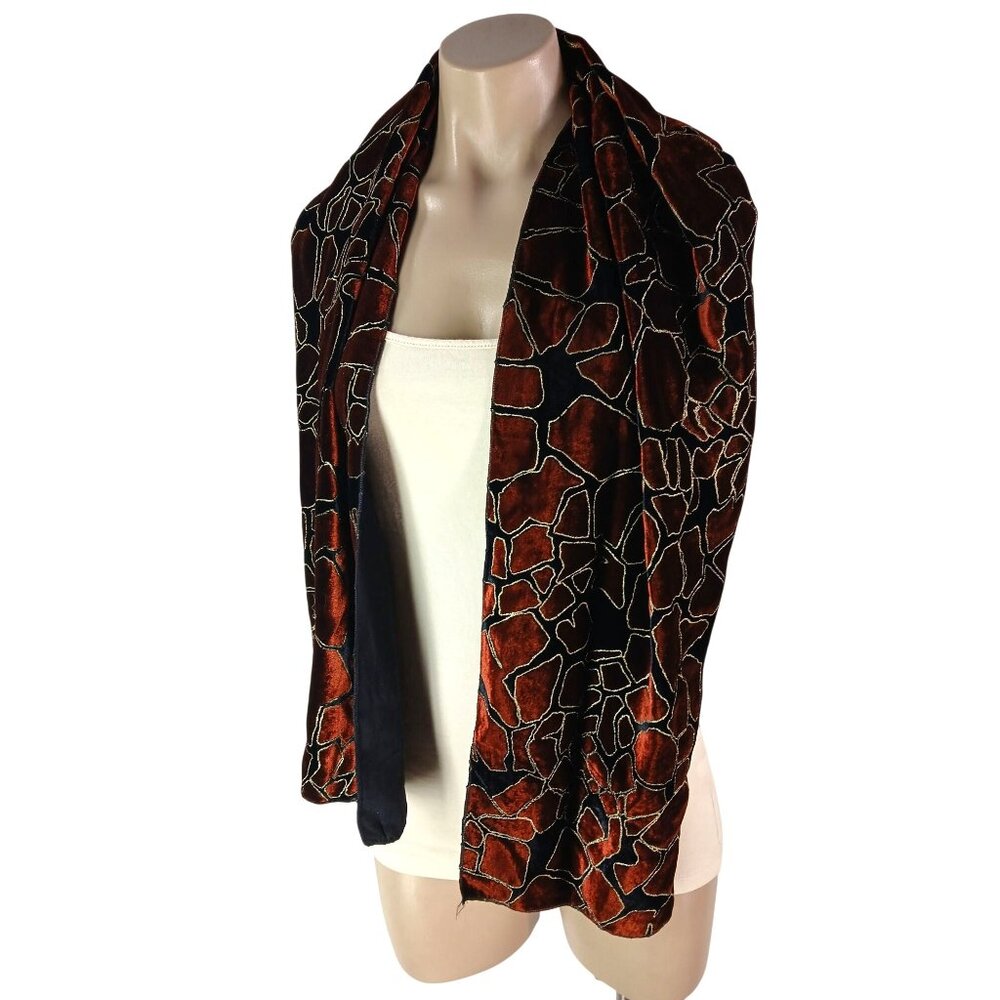 Burnt Orange Black Gold Giraffe Mosaic Print Scarf Silk Blend Lining 60"x17" Ita - Picture 2 of 10